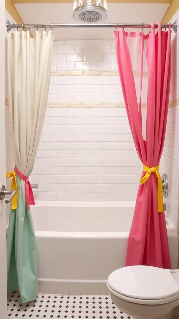 Brightly colored shower curtains with mint green and pink fabrics tied back with yellow ribbons in a stylish bathroom.
