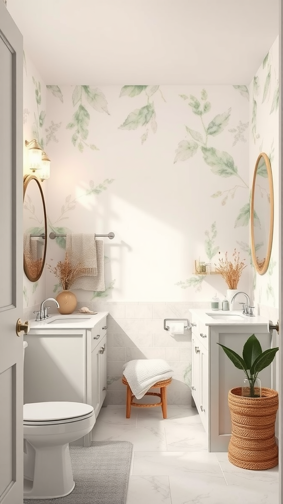 A serene bathroom featuring soft watercolor-inspired wallpaper with green leaves, light-colored cabinets, a round mirror, and natural decor elements.