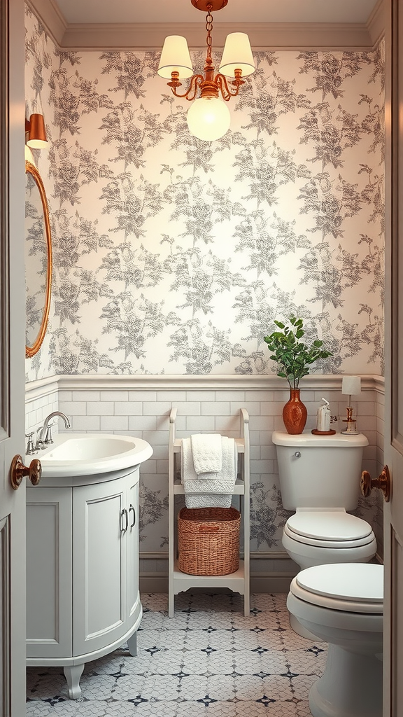 A vintage bathroom with Toile de Jouy wallpaper, a round vanity, and warm lighting.