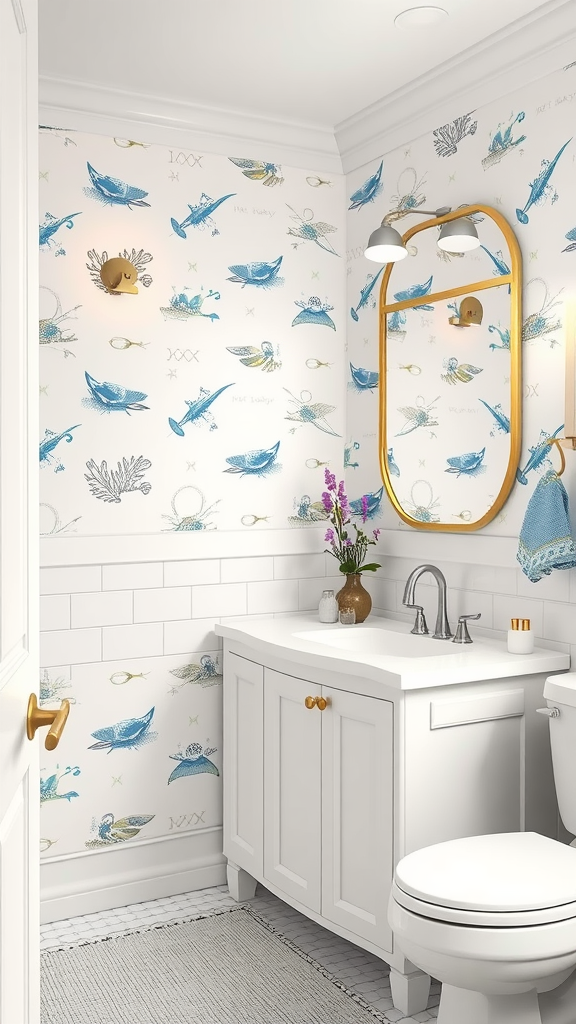 A bathroom featuring nautical-themed wallpaper with blue fish and boats, white cabinetry, and gold accents