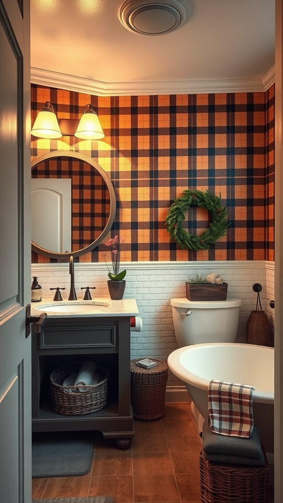 Cozy bathroom with plaid wallpaper, round mirror, and stylish fixtures.