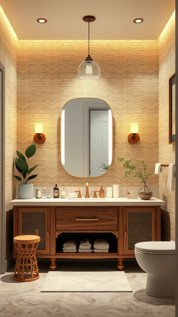 Interior view of a stylish bathroom with textured grasscloth-inspired wallpaper, wooden vanity, and warm lighting.