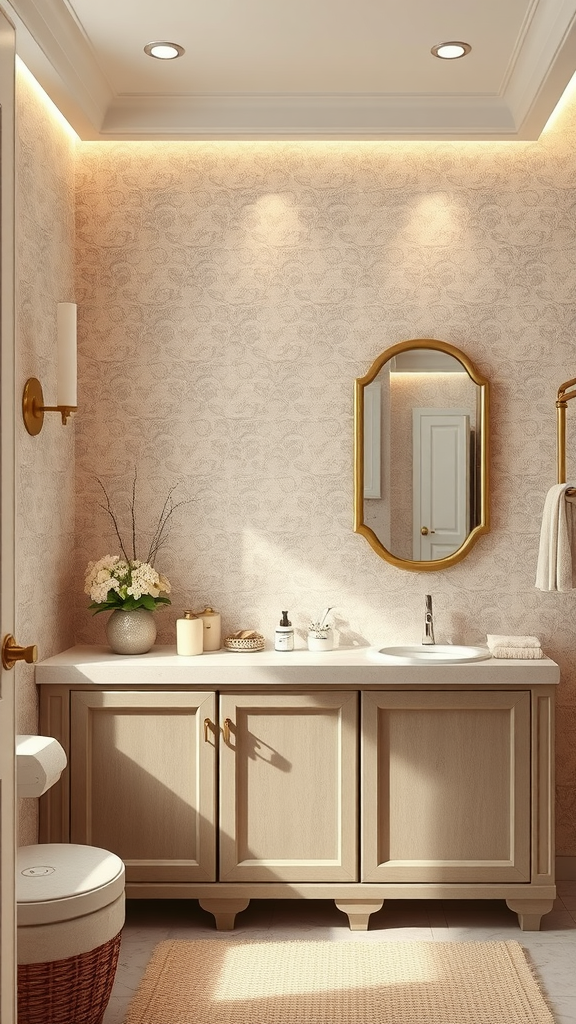 A beautifully designed bathroom with subtle textured wallpaper, warm lighting, and natural elements.