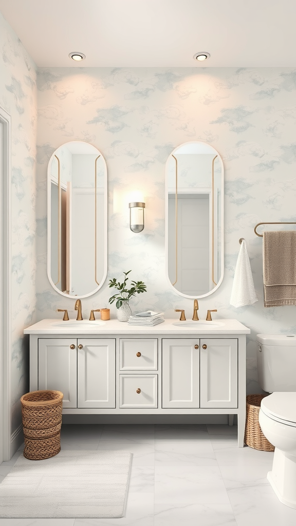 A serene bathroom featuring cloud pattern wallpaper, double vanity with brass fixtures, and a potted plant.