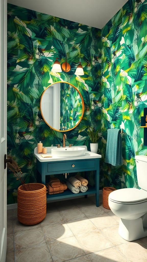 A bathroom featuring lush jungle-inspired wallpaper, a round mirror, and a stylish sink with a vibrant atmosphere.