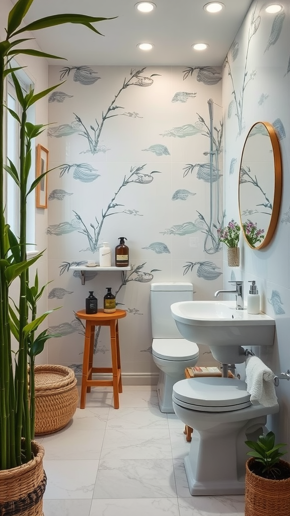 A serene bathroom with Japanese-inspired wallpaper featuring nature patterns, plants, and minimalist decor.
