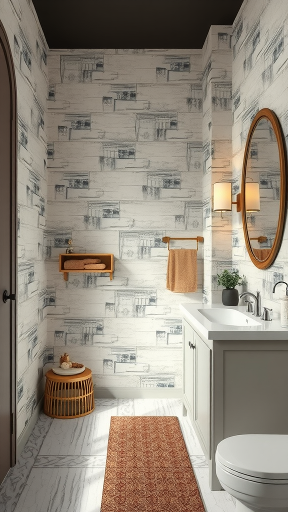 A stylish bathroom featuring trompe l'oeil architectural wallpaper with a light color scheme and warm wooden accents.