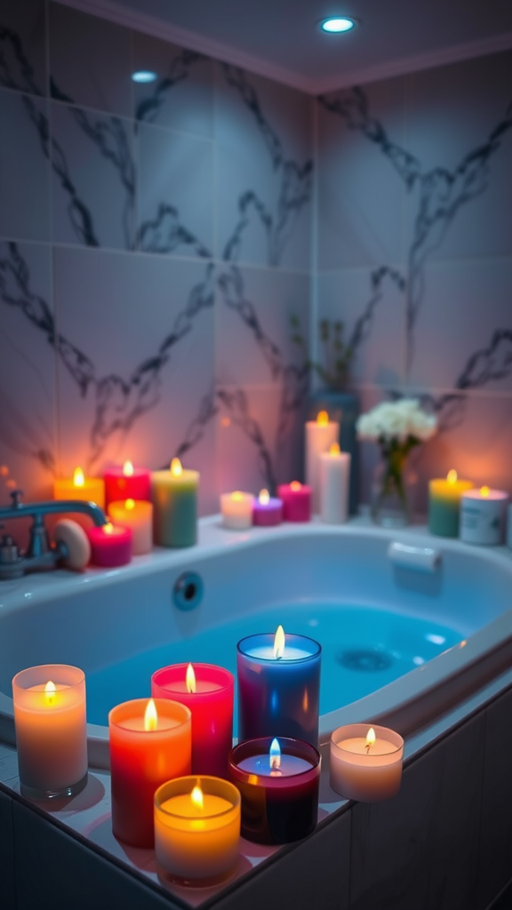 A bathtub filled with colorful candles in various sizes, creating a cozy and inviting atmosphere.