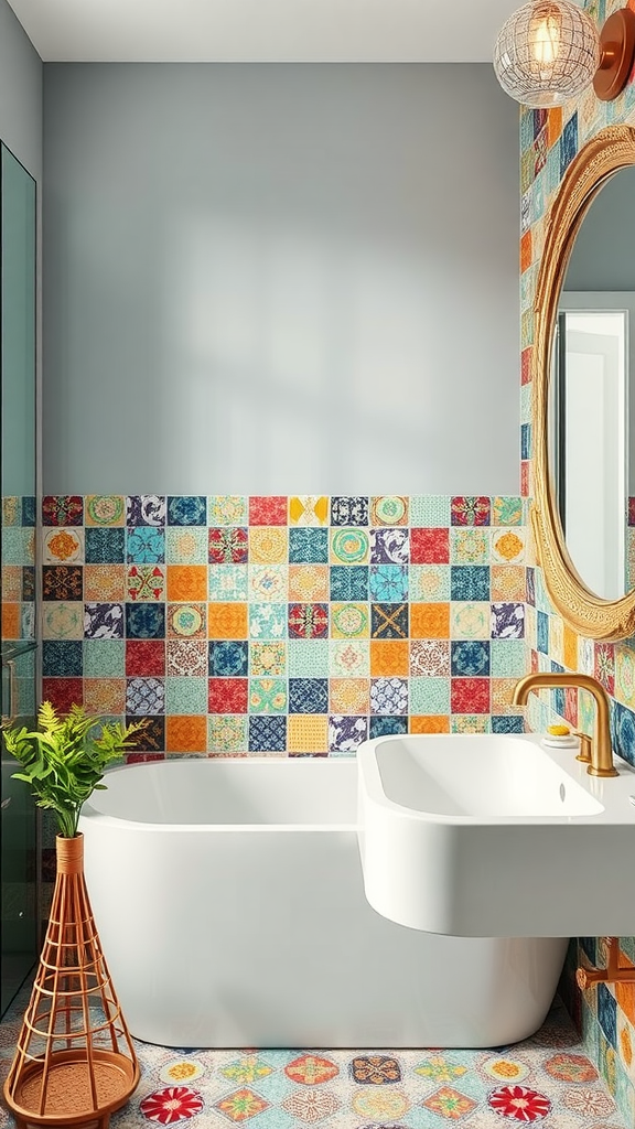 A colorful tiled backsplash in a kitchen with blue cabinetry and a marble countertop.