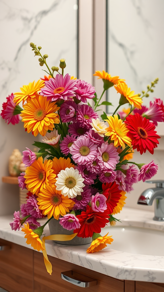 A vibrant bouquet of colorful flowers in a bathroom setting, featuring yellow, pink, and red blooms arranged near a sink.