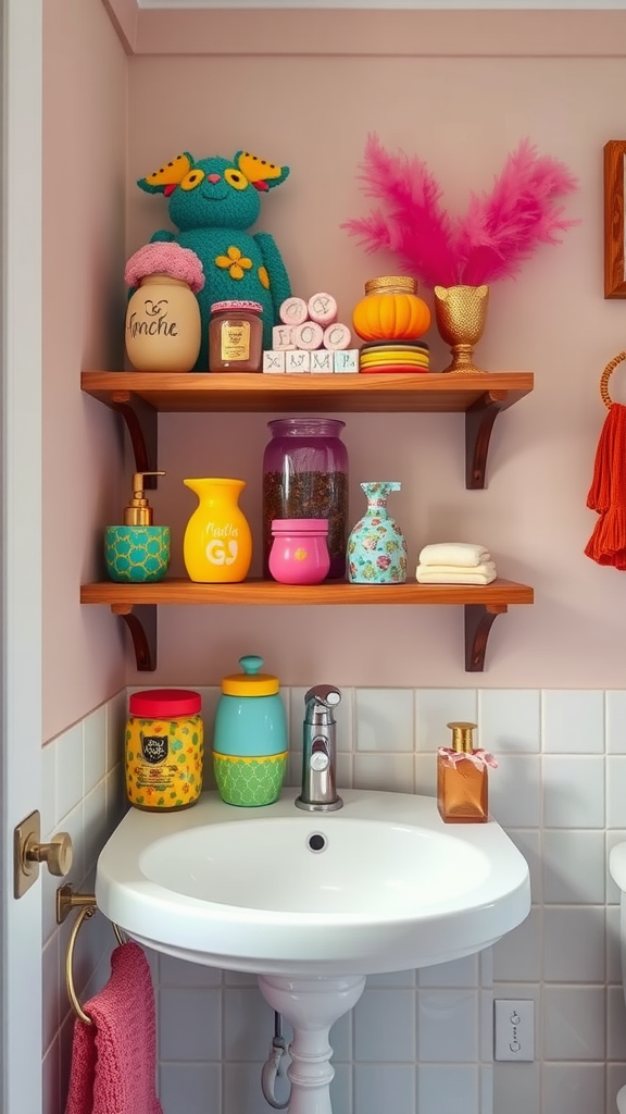 A colorful display of unique accessories on a wall and shelf, featuring vases, flowers, and decorative items.