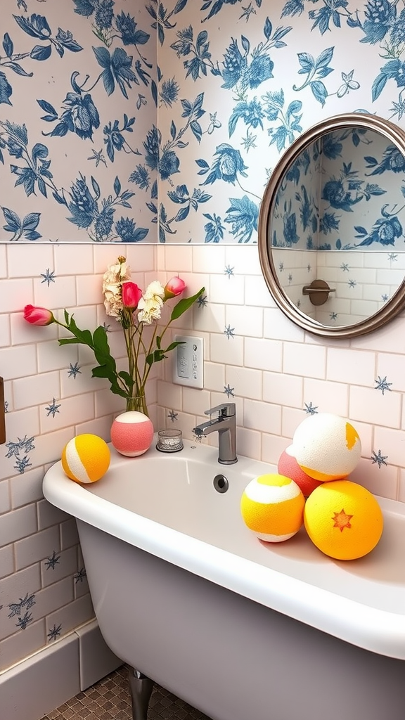 A collection of colorful bath bombs displayed in a bright bathroom setting