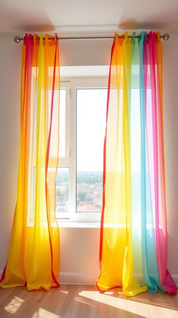 Bright colored sheer curtains in yellow, pink, and blue covering a window