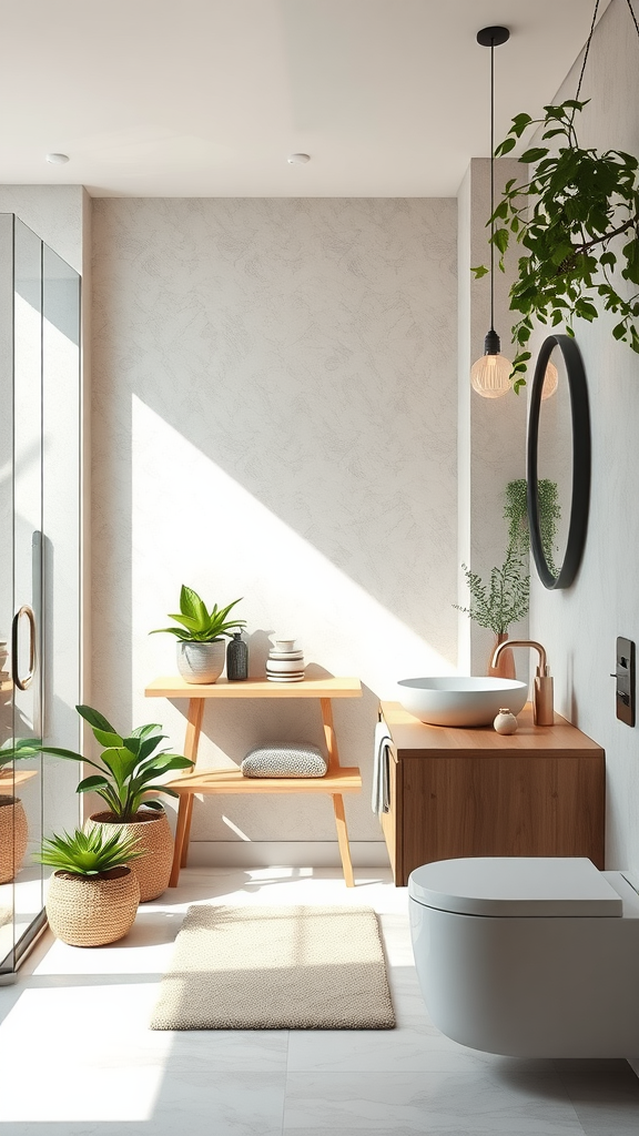 A minimalist bathroom featuring sustainable materials and plants, showcasing a wooden vanity, green plants, and natural light.