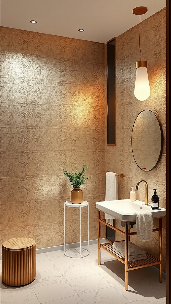 Luxurious bathroom featuring metallic wallpaper, stylish fixtures, and minimalist furniture.