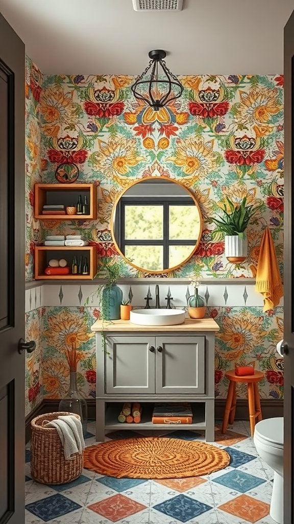 A colorful bohemian-style bathroom with mixed-pattern wallpaper, a circular mirror, and wooden shelves.