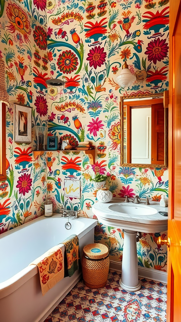 A bathroom featuring bright and colorful floral wallpaper with a vintage sink and decorative elements.