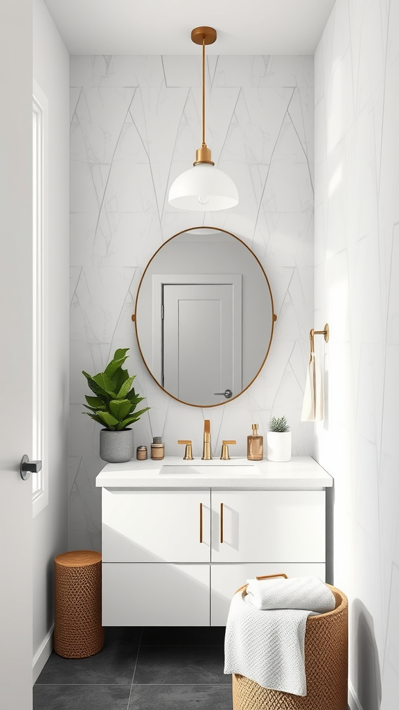 A modern minimalistic bathroom with line pattern wallpaper, a round mirror, sleek fixtures, and potted plants.