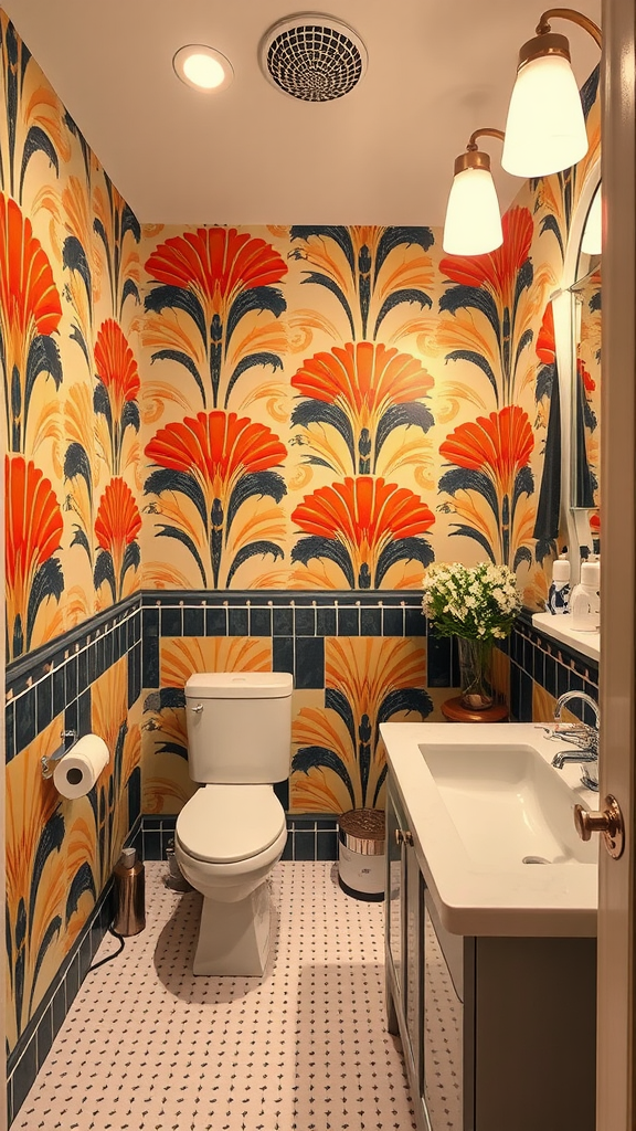A stylish bathroom featuring bold Art Deco-inspired wallpaper in teal and gold, complemented by a dark wood vanity and modern fixtures.
