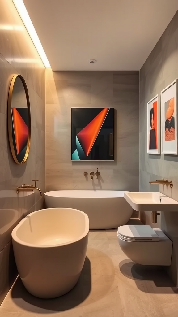 A gallery wall featuring colorful art pieces with varied styles and subjects, illuminated by track lighting.