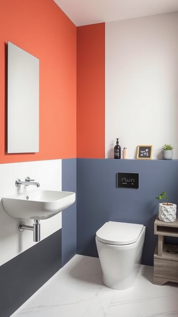 A bathroom featuring blocks of contrasting colors: orange, yellow, blue, and purple.