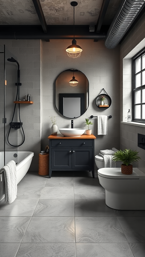 Stylish industrial bathroom featuring concrete floors, metal accents, and a modern design.