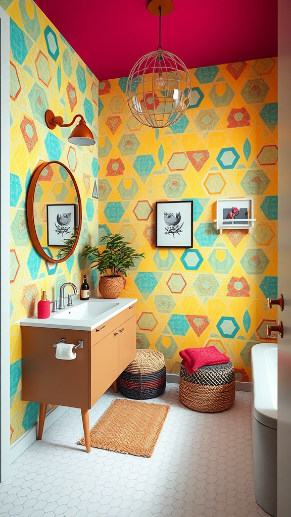 Bright bathroom featuring colorful geometric wallpaper with hexagonal patterns