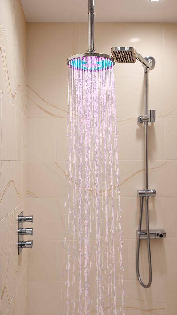 An innovative shower head with purple light cascading down, enhancing the bathroom's design.