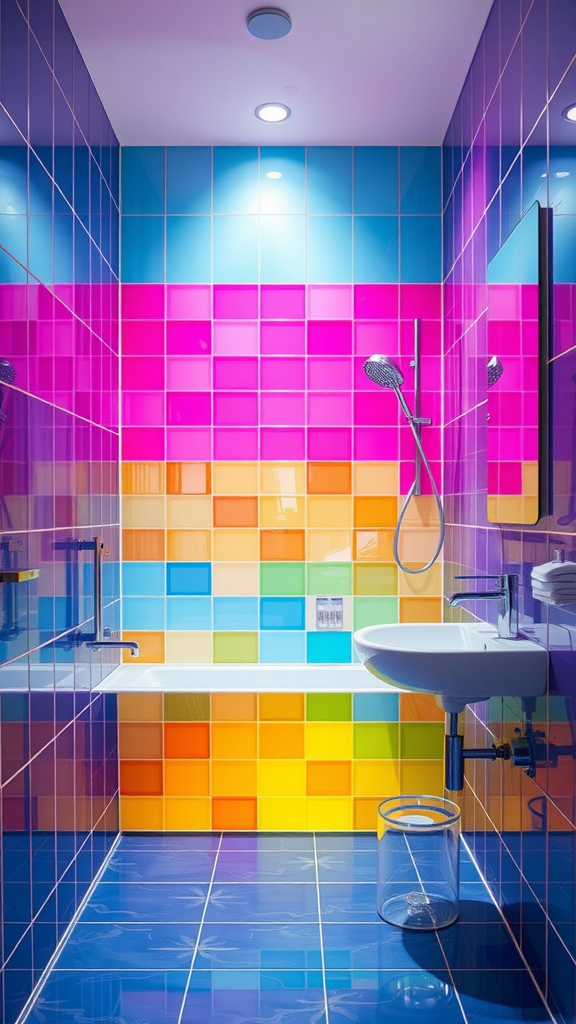 A colorful modern bathroom with vibrant glass tiles in shades of blue, pink, and yellow.