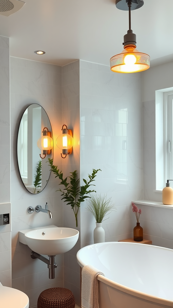 Stylish bathroom with unique pendant light and wall sconces