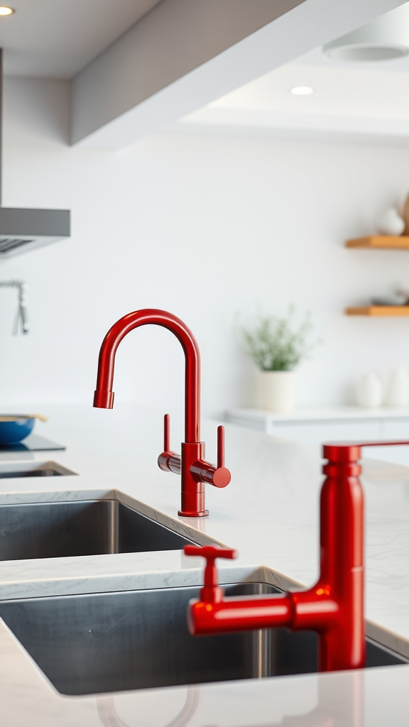Modern kitchen with red plumbing fixtures.