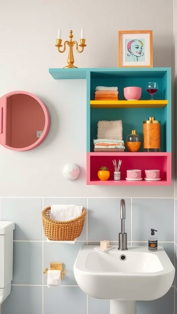 Colorful shelves in blue and pink displaying decorative items, plants, and framed pictures