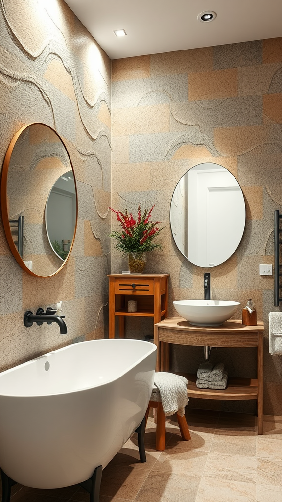 A modern bathroom with textured wall treatment in warm tones, featuring a white bathtub and circular mirrors.