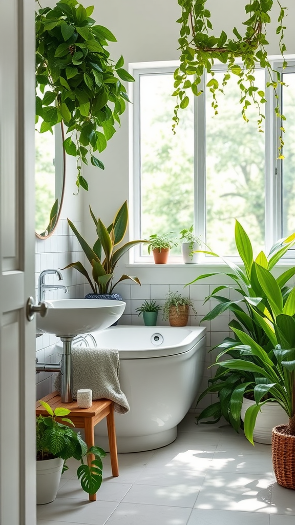 Bright bathroom filled with various plants and natural light.