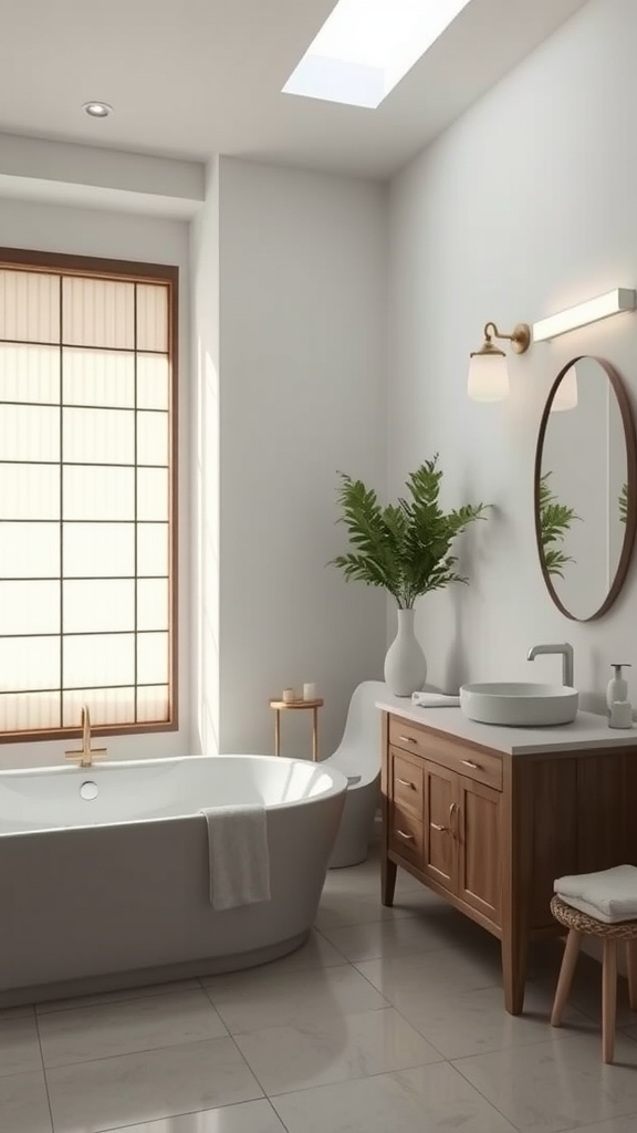 A minimalist bathroom featuring a soaking tub, a shoji screen, and natural decor.