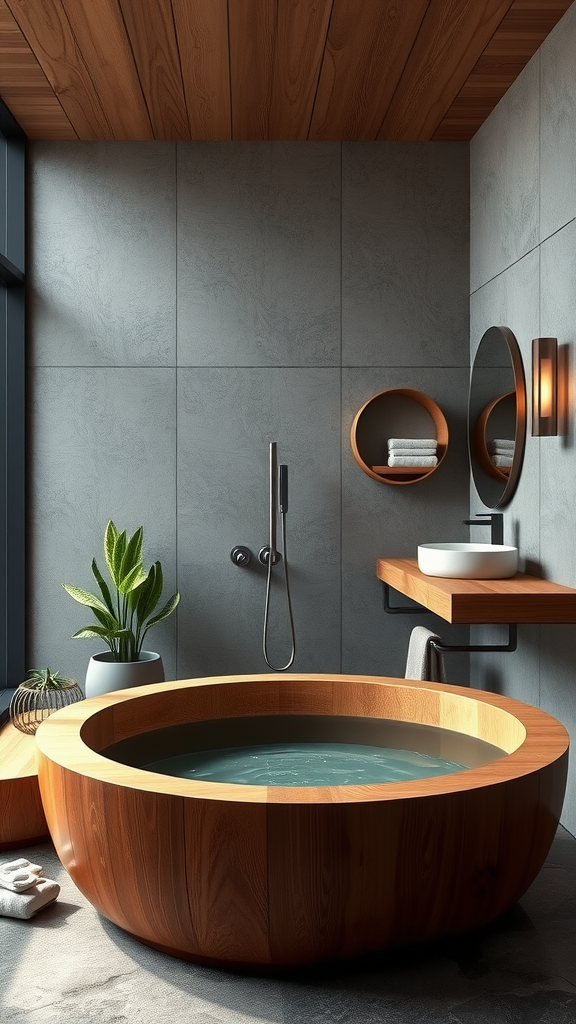 A minimalist bathroom featuring a wooden soaking tub, plant life, and soft lighting.