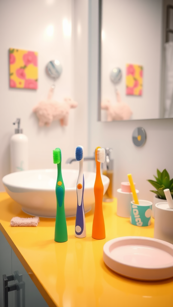 Colorful toothbrush holders in a bathroom with various toothbrushes