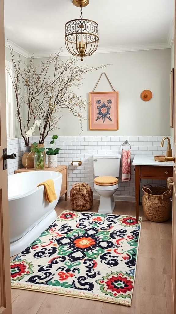 A cozy living room with a colorful decorative rug featuring bold patterns, a round coffee table, and ample natural light.