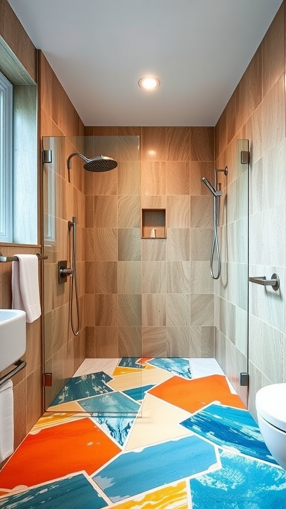 A bright and colorful shower with blue wall tiles and a patterned yellow floor