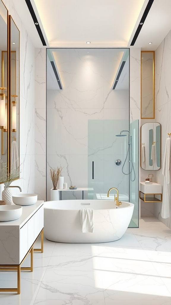 Luxurious minimalist bathroom featuring a freestanding tub, glass shower, and marble accents.