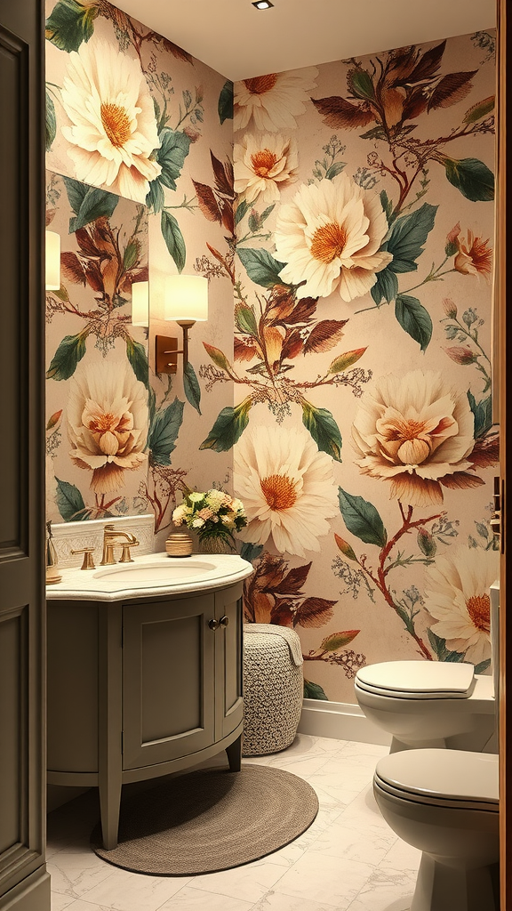 A bathroom with large-scale floral wallpaper featuring oversized flowers in soft colors, a light gray vanity, and modern fixtures.