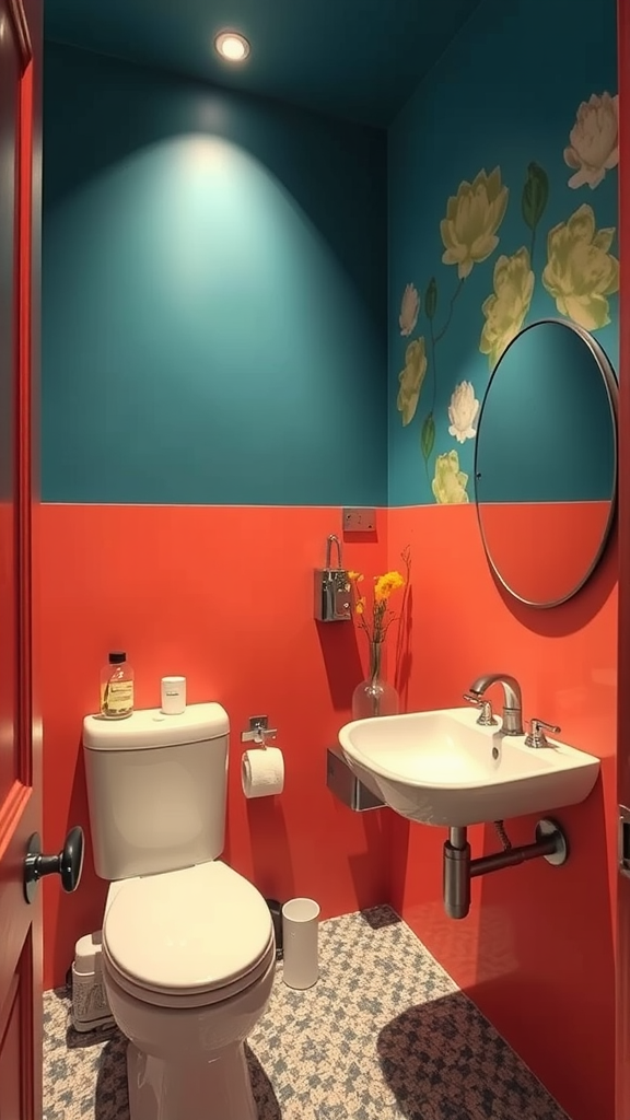 A stylish bathroom featuring an accent wall with turquoise and coral colors, floral designs, and modern fixtures.