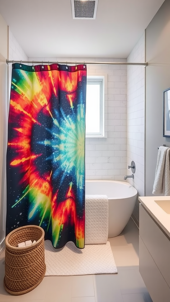 A vibrant tie-dye shower curtain in a modern bathroom setting