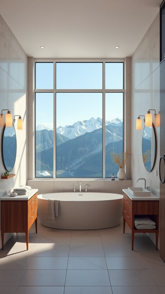 Minimalist bathroom featuring floor-to-ceiling windows with mountain views, a freestanding tub, and wooden vanities.