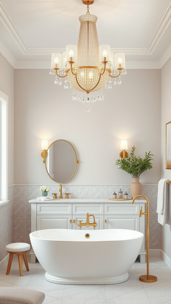 A minimalist bathroom featuring a freestanding tub, elegant chandelier, and warm accents.