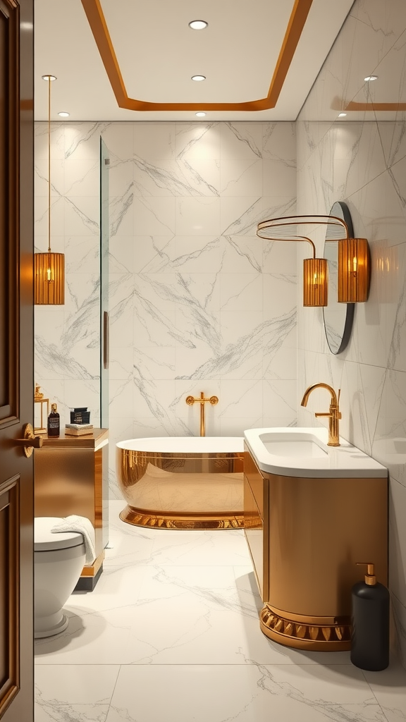 Luxurious bathroom featuring gold accents and marble walls
