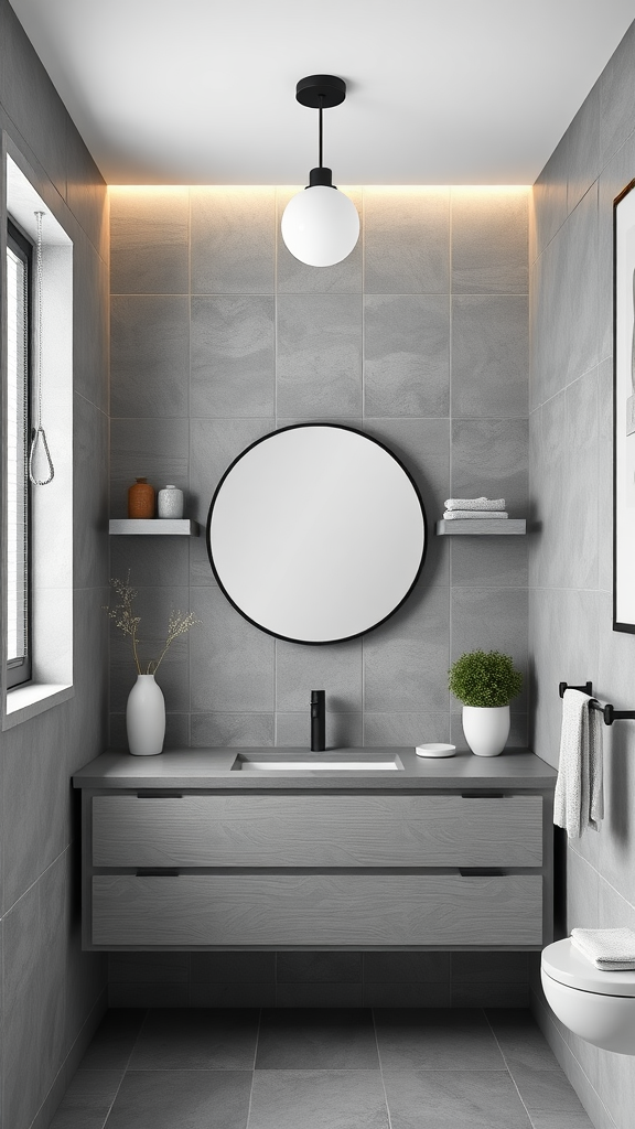 Modern gray bathroom featuring textured tiles and floating shelves