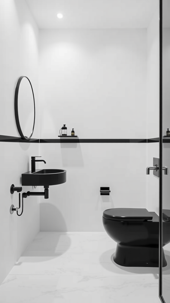 Minimalist bathroom featuring black fixtures on white walls