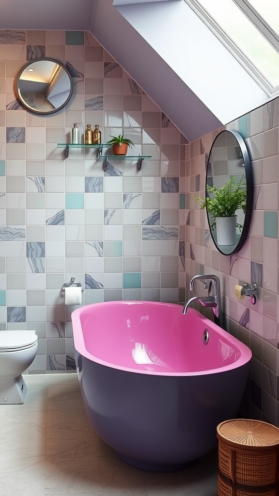 A colorful pink and purple bathtub in a stylish bathroom with patterned tiles and round mirrors.