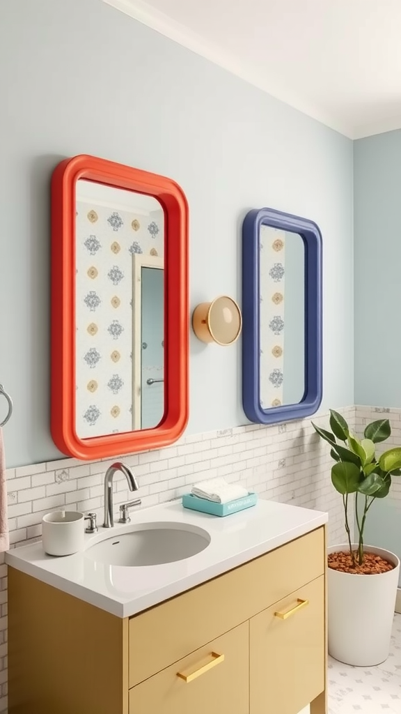 A hallway featuring bold, colorful mirrors in red and blue, with a gold mirror and a stylish console table.